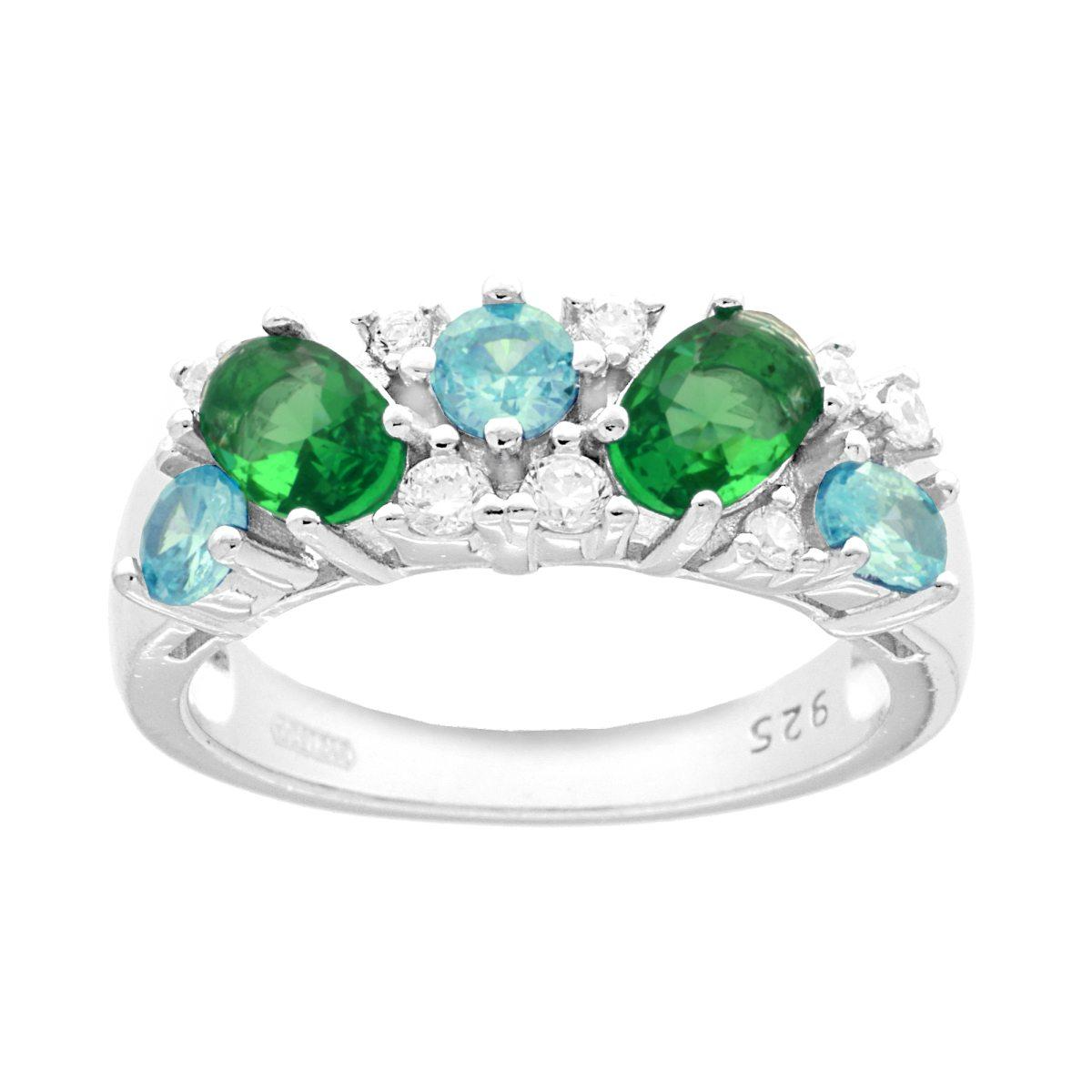 Anello con Bouquet di Zirconia: Verde Smeraldo ,Acquamarina e Bianchi