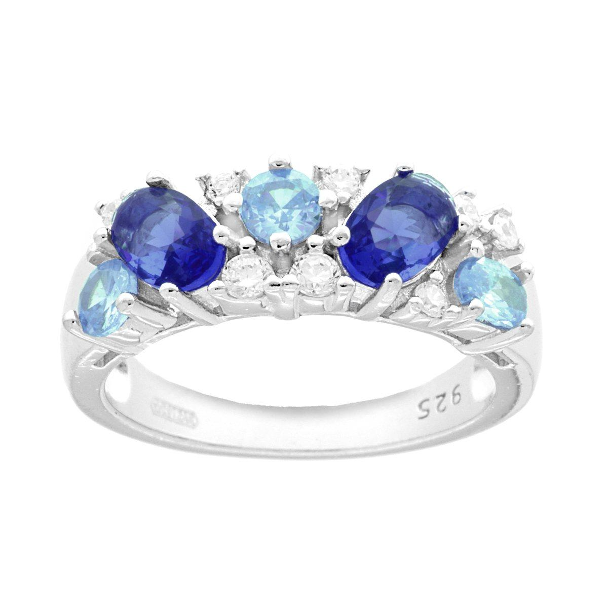 Ring with Bouquet of Blue Sapphire, Aquamarine and White Zircons, in S925 SILVER