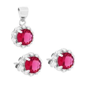Parure Set Orecchini e Ciondolo Tondo Rosso Rubino, Argento s925