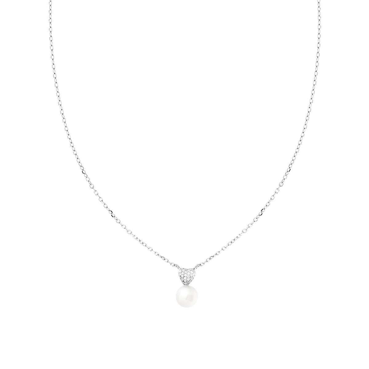 Collana Con Cuore Brillante e Perla, Argento S925