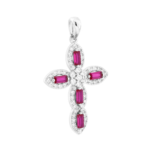 Ciondolo Croce Ruby con Fiorellino Centrale, Argento s925