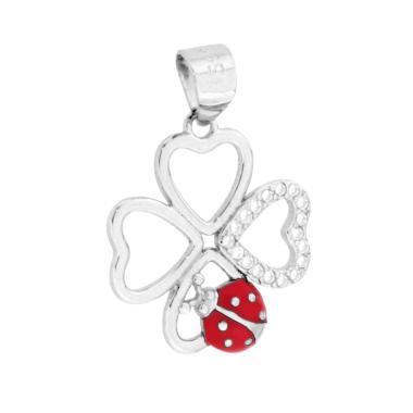 Ciondolo Quadrifoglio e Coccinella, Argento s925