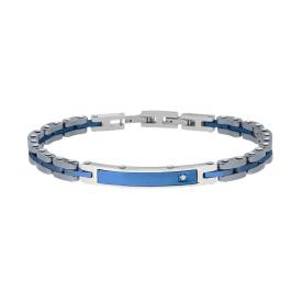 Bracciale Uomo Maglia Imperniata in Ceramica Antracite con Targa Blu, Acciaio Inox