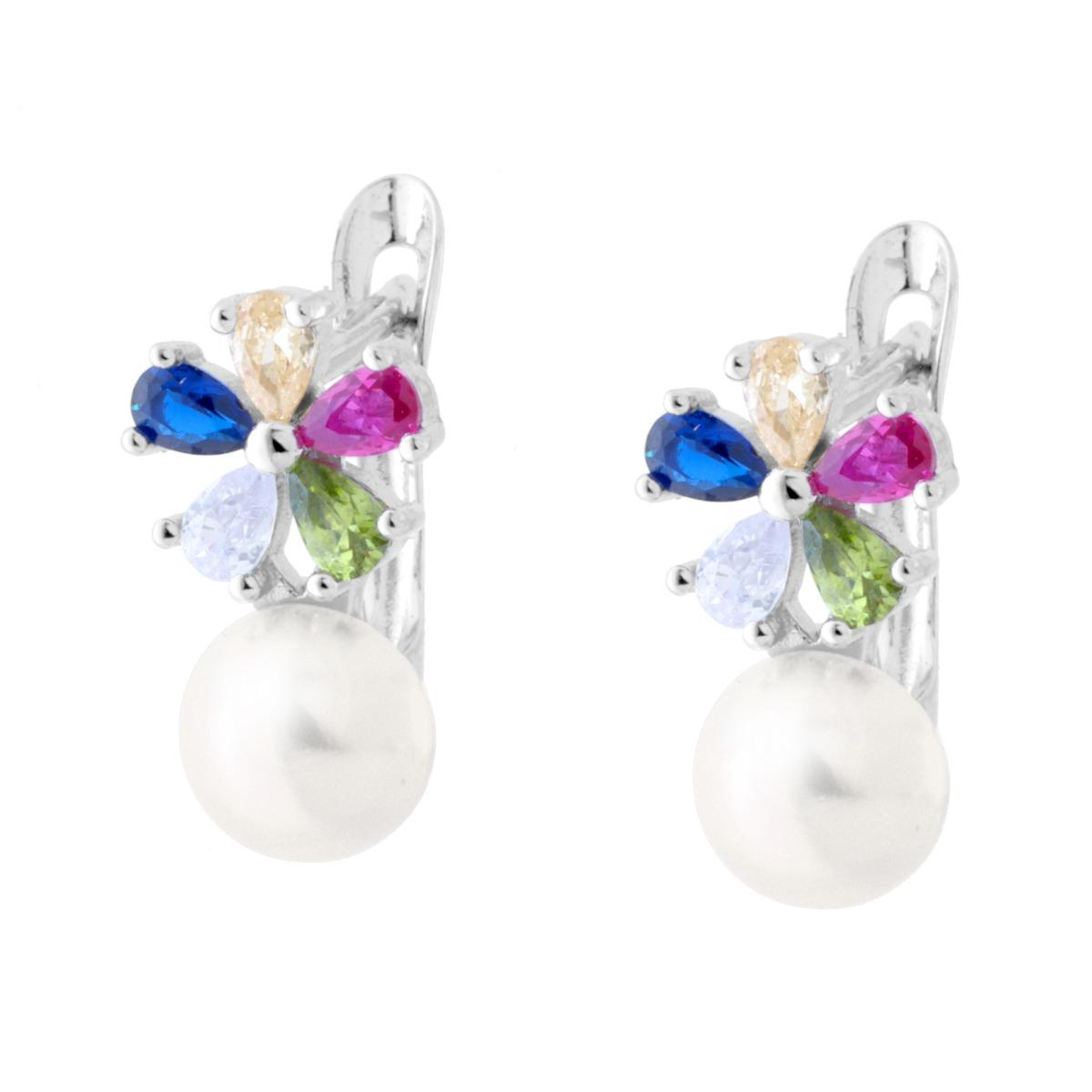 Orecchini Fiore Multicolor e Perla, Argento s925