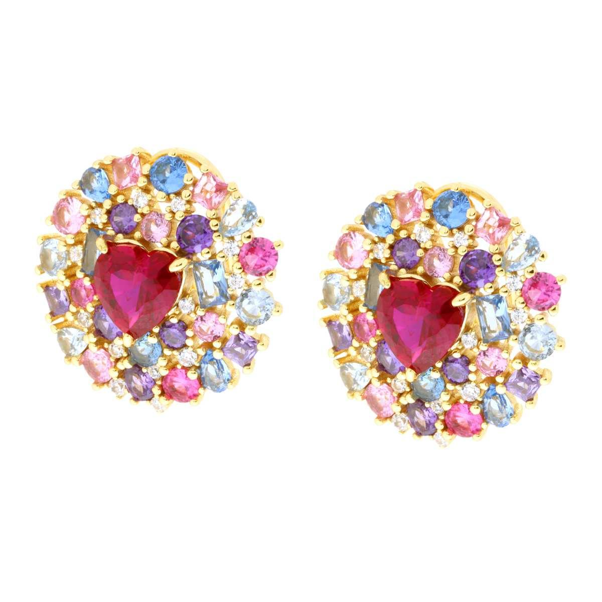 Orecchini Fiore con Cuore Rosso Rubino, Argento s925