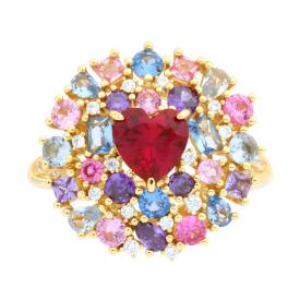 Anello Fiore con Cuore Rosso contornato da Zirconi Multicolor, in ARGENTO S925