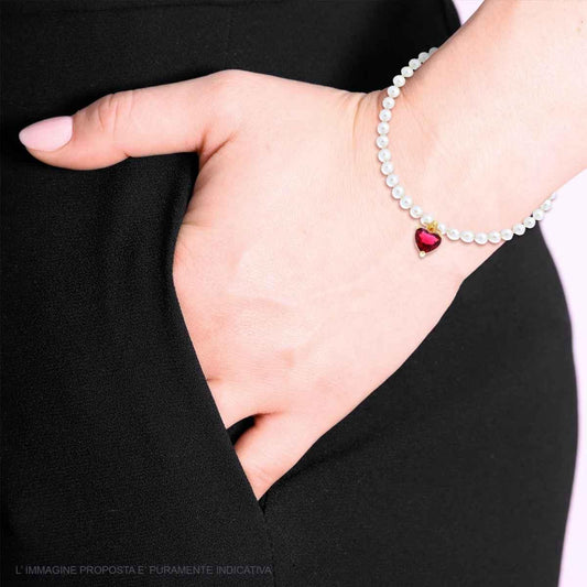 Bracciale Perle Bianche con Cuore Pendente, Argento s925