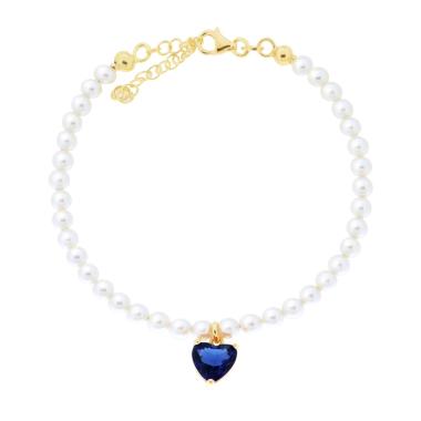 Bracciale Perle Bianche con Cuore Pendente Blu, Argento s925