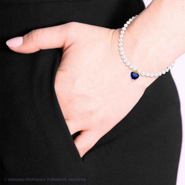 Bracciale Perle Bianche con Cuore Pendente Blu, Argento s925