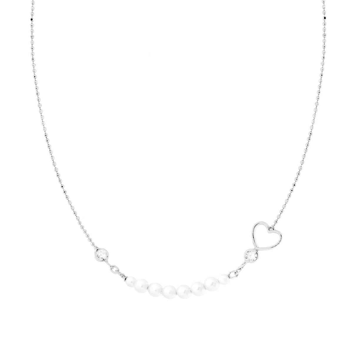 Collana Palline Diamantate con Cuore e Perle, Argento S925