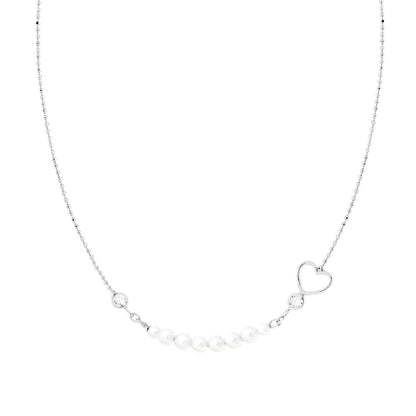 Collana Palline Diamantate con Cuore e Perle, Argento S925