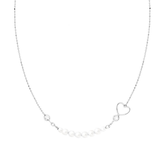 Collana Palline Diamantate con Cuore e Perle, Argento S925