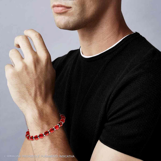 Bracciale Catena con Anelletti e Pietre colore Corallo, in ACCIAIO inox