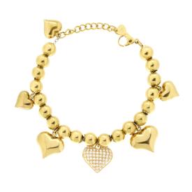 Bracciale Catena Palline con Cuori bombati, in ACCIAIO inox