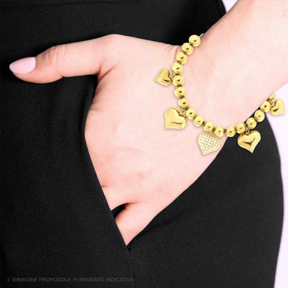 Bracciale Catena Palline con Cuori bombati, in ACCIAIO inox