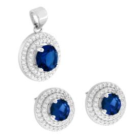 Parure Set Orecchini e Ciondolo Tondo Blu Zaffiro, in Argento s925