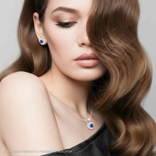 Parure Set Orecchini e Ciondolo Tondo Blu Zaffiro, in Argento s925