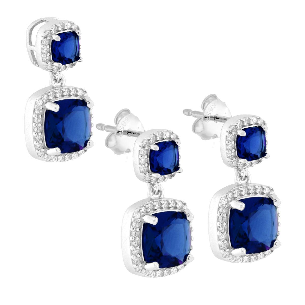 Parure Set Orecchini e Ciondolo Quadrato Pendente Blu Zaffiro, Argento s925