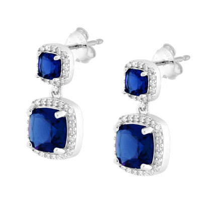Parure Set Orecchini e Ciondolo Quadrato Pendente Blu Zaffiro, Argento s925