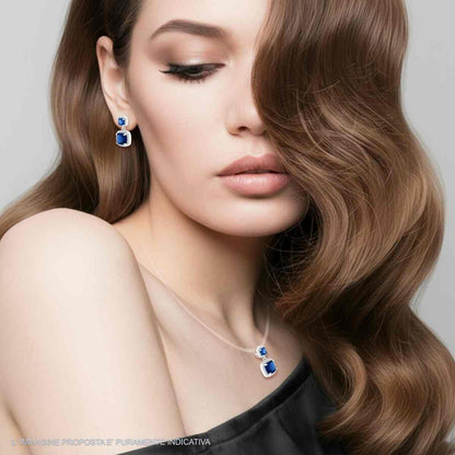 Parure Set Orecchini e Ciondolo Quadrato Pendente Blu Zaffiro, Argento s925