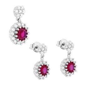 Parure Set Orecchini e Ciondolo Tondo Pendente Rosso Ruby, Argento s925