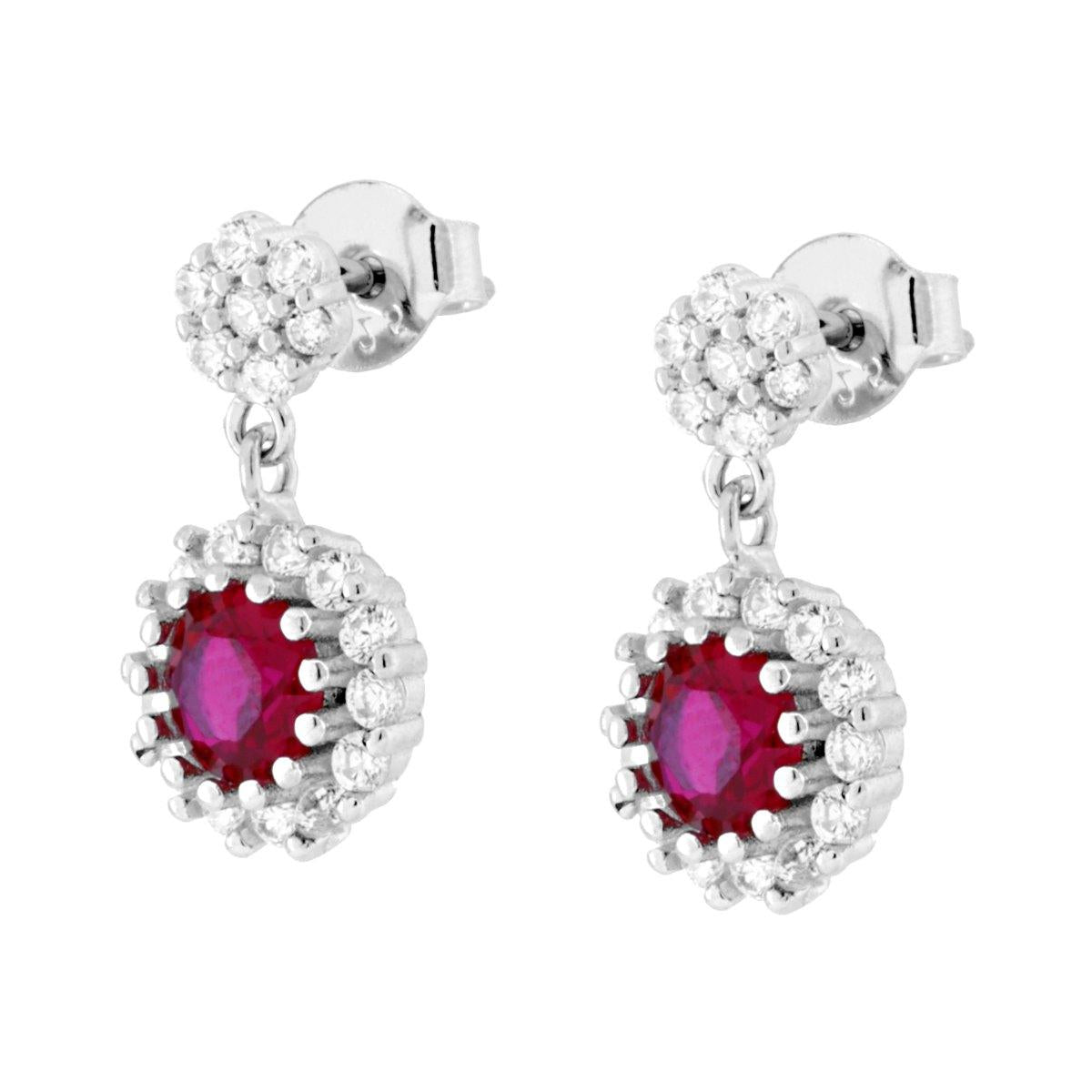 Parure Set Orecchini e Ciondolo Tondo Pendente Rosso Ruby, Argento s925