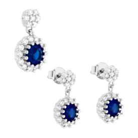 Parure Set Orecchini e Ciondolo Tondo Pendente Blu Zaffiro, Argento s925