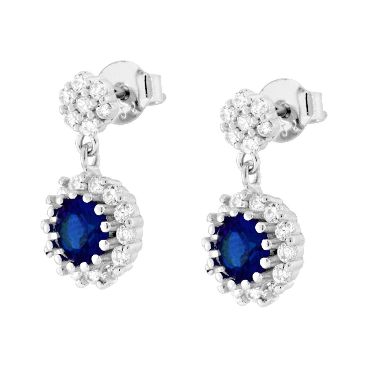 Parure Set Orecchini e Ciondolo Tondo Pendente Blu Zaffiro, Argento s925