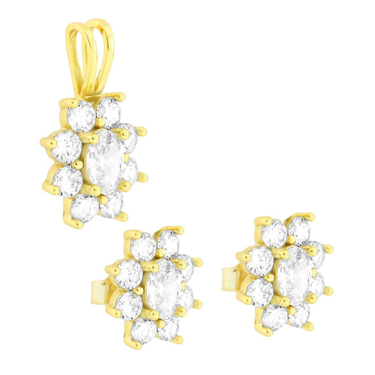 Parure Set Orecchini e Ciondolo Fiore Bianco GOLD, Argento s925