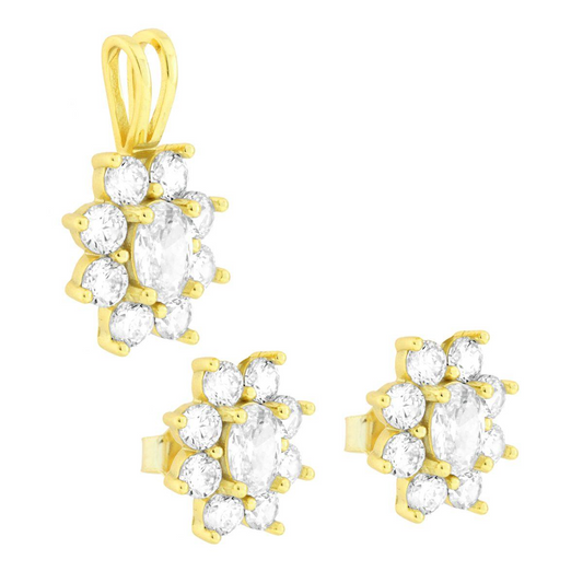 Parure Set Orecchini e Ciondolo Fiore Bianco GOLD, Argento s925