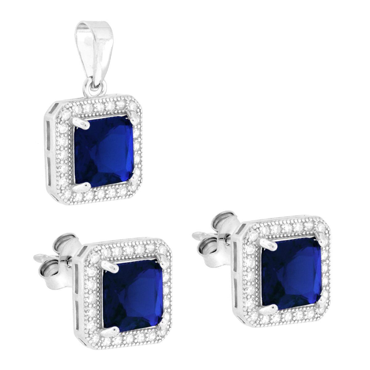 Parure Set Orecchini e Ciondolo Quadrato Blu Zaffiro, Argento s925