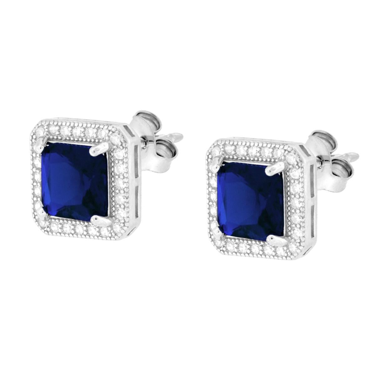 Parure Set Orecchini e Ciondolo Quadrato Blu Zaffiro, Argento s925
