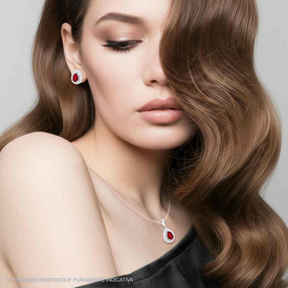 Parure Set Ciondolo e Orecchini Goccia Kate Rosso Rubino, Argento s925