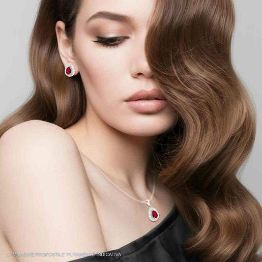 Parure Set Ciondolo e Orecchini Goccia Kate Rosso Rubino, Argento s925