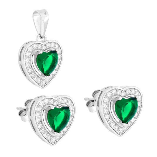 Parure Set Orecchini e Ciondolo Cuore Verde, Argento s925