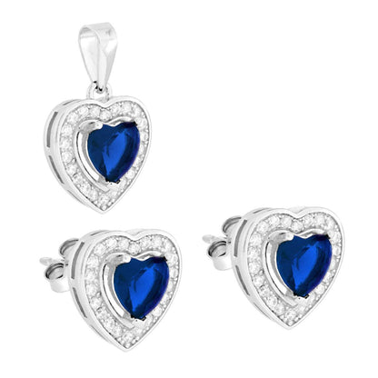 Parure Set Orecchini e Ciondolo Cuore Blu Zaffiro, Argento s925