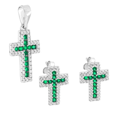 Parure Set Orecchini e Ciondolo Croce Verde, in Argento s925