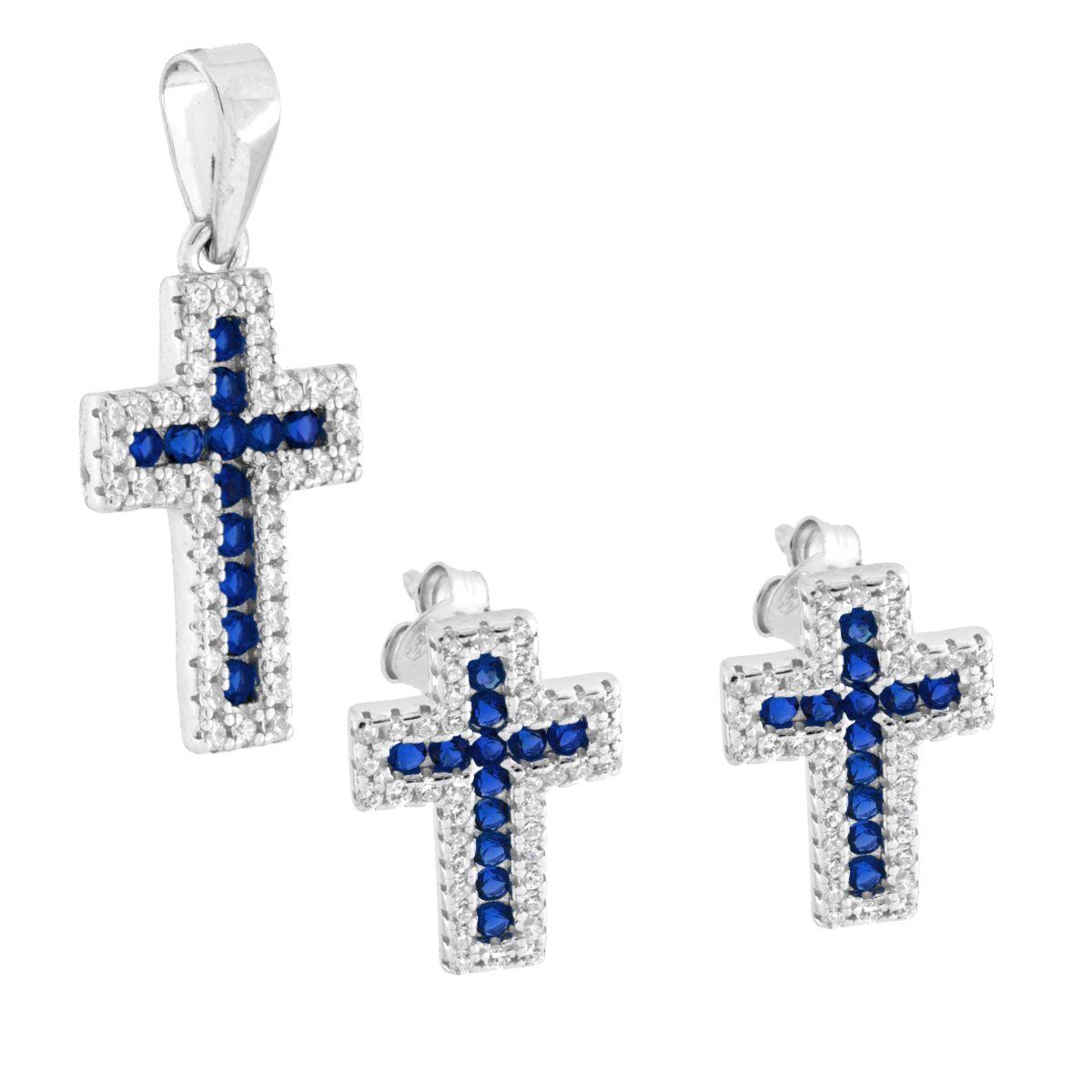 Parure Set Orecchini e Ciondolo Croce Blu Zaffiro , in Argento s925