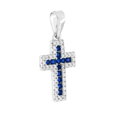 Parure Set Orecchini e Ciondolo Croce Blu Zaffiro , in Argento s925