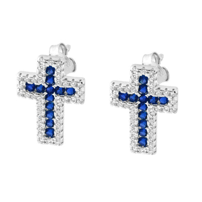 Parure Set Orecchini e Ciondolo Croce Blu Zaffiro , in Argento s925