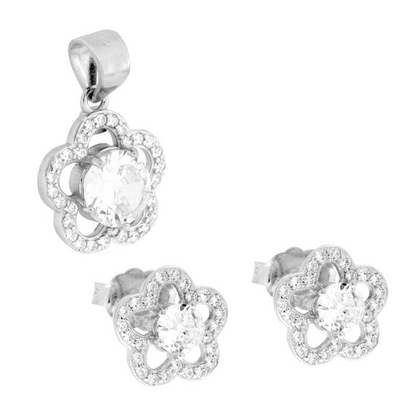 Parure Set Orecchini e Ciondolo Fiore con Tondo Bianco, Argento s925