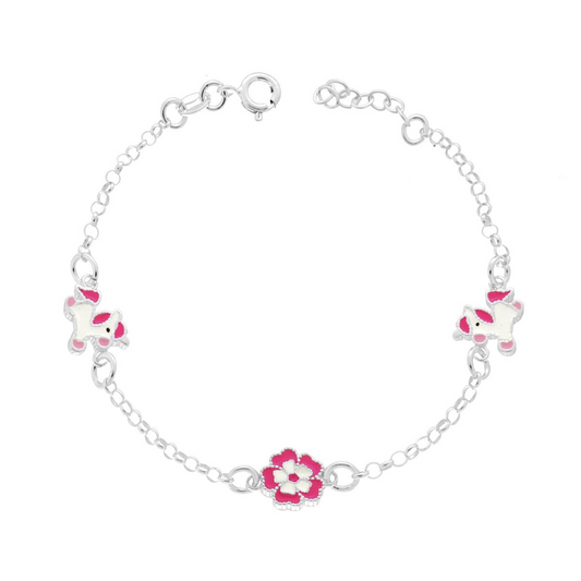 Bracciale Catena Rolo con Unicorni e Fiore, Argento s925