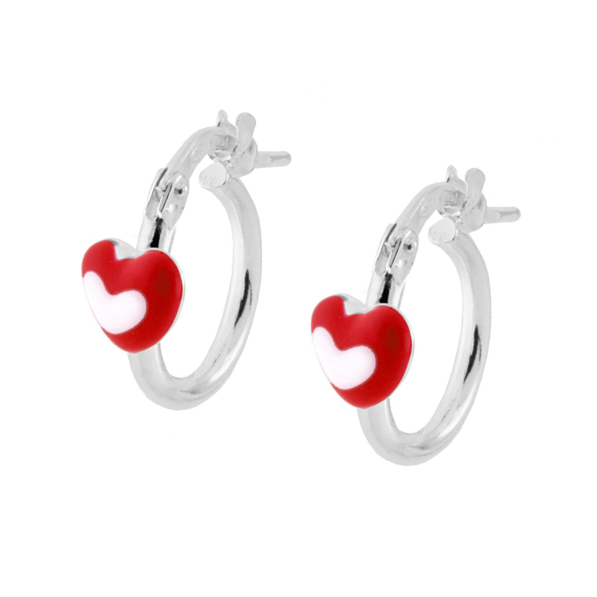 Orecchini Cerchio con Cuoricini Rossi, Argento S925