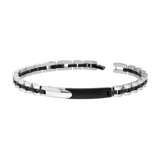 Bracciale Uomo Maglia Imperniata dettagli colore Nero, in ACCIAIO inox