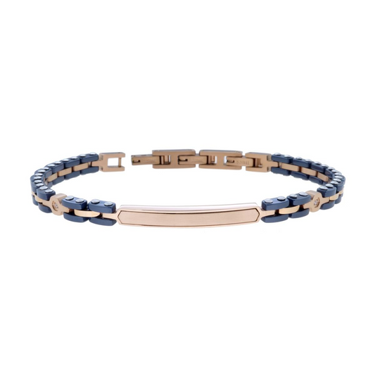 Bracciale Uomo Maglia Imperniata con Targa Ceramica Blu, in ACCIAIO colore Rosa