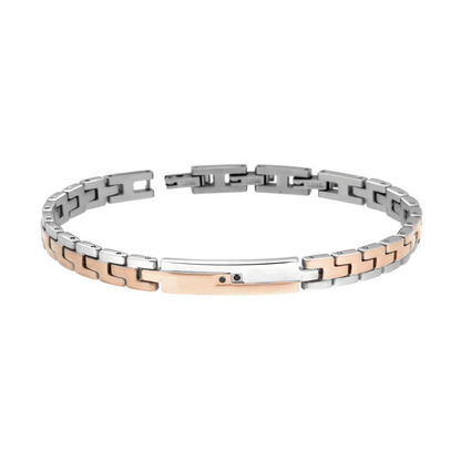 Bracciale Uomo Maglia Imperniata con Targa Rosa e Crystal Neri, in ACCIAIO