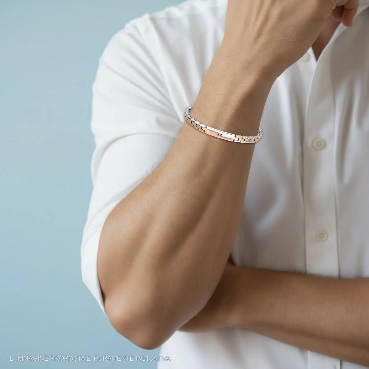 Bracciale Uomo Maglia Imperniata con Targa Rosa e Crystal Neri, in ACCIAIO