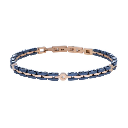 Bracciale Uomo Maglia Imperniata Blu e Crystal Bianchi, in ACCIAIO colore Rosa