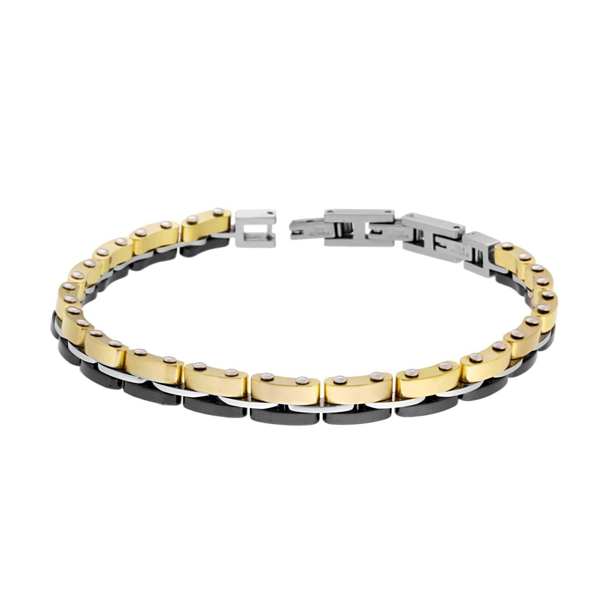 Bracciale Uomo Maglia Imperniata colore Oro e Ceramica Nera, in ACCIAIO inox