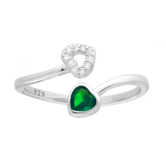 Anello Contrarie Cuori con Zirconia Verde Smeraldo e Bianco